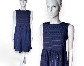 1980s Luis Estevez Navy Cocktail Dress - Floral Jacquard Wavy Gold Stripes (UK 10) VFG Member