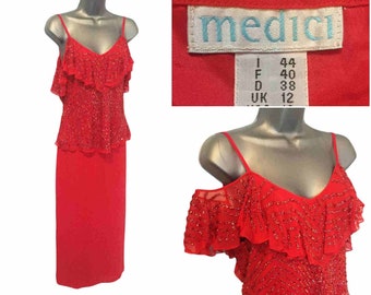 MEDICI 1980s Vintage Outfit, Red Embellished Beaded Cold-Shoulder Silk Top, Long Maxi Skirt Slit Two-Piece Dress, Size UK 12 *Fits 10