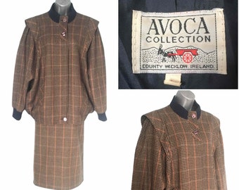 Vintage 80s Tweed Midi Skirt Suit, Beige Houndstooth Check Wool Avoca Collection Retro 40s, Size L, Skirt UK 12-16, Oversized Jacket 14-18