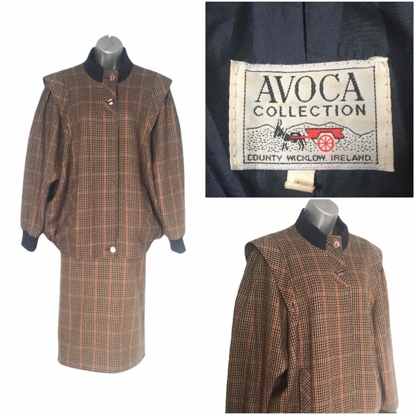 Vintage 80s Tweed Midi Skirt Suit, Beige Houndstooth Check Wool Avoca Collection Retro 40s, Size L, Skirt UK 12-16, Oversized Jacket 14-18