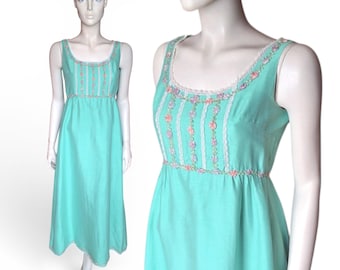 1960s Jean Varon Aquamarine Maxi Dress, Aqua-Green Floral Appliqué Rosette Lace Trim, UK 6/8 - VFG Member