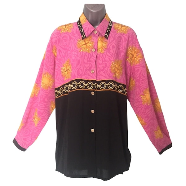 80s 90s Funky Vintage Blouse Top, Pink Black Colourful Yellow Sun Flames Beaded Ornate Buttons Retro Italian, Size XXL VFG