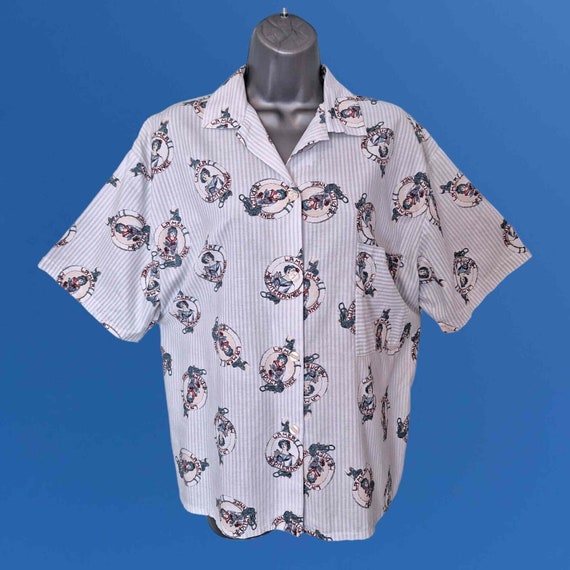 MARY QUANT Vintage Blouse Shirt, White/Blue Pinst… - image 1