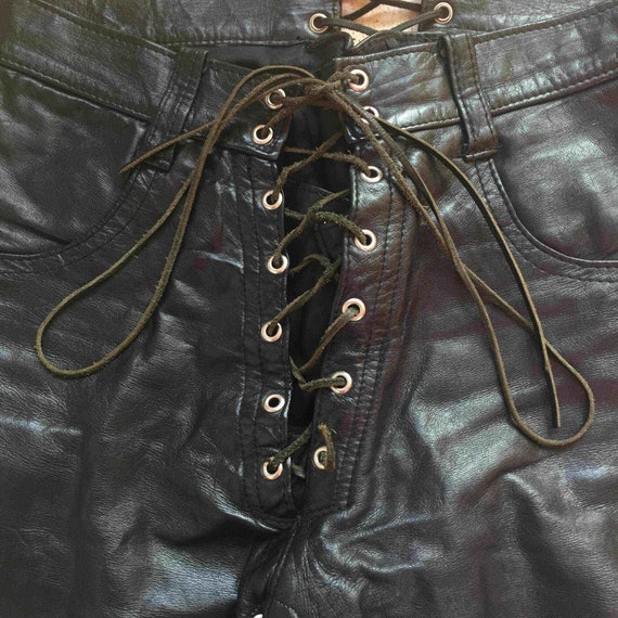 80s Black Leather Trousers Pants, Vtg Skinny Leg Lace-up 80s Black Leather Trousers Pants, Vtg Skinny Leg Lace-up