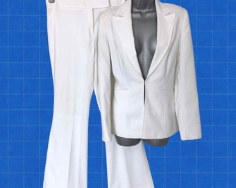 Retro 70s White Trouser Suit, Vintage Y2K 00s Tailored Peak Lapels Flared Trousers Blazer Jacket UK12/14 VFG