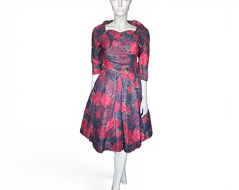 1950s Romantic Red Rose Fit & Flare Dress by Masons Ipswich, Sweetheart Portrait Collar, UK 8 - VFG Member