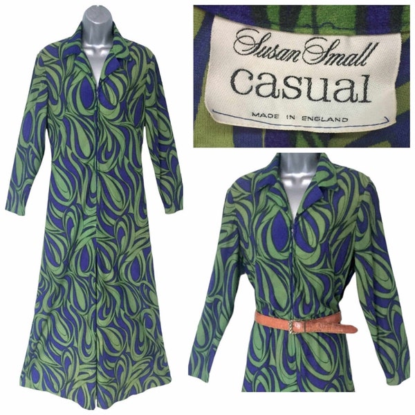 SUSAN SMALL 60s 70s Maxi Dress Kaftan, Green Blue Swirly Abstract Retro Pattern Casual *No Belt*, Size S/M VFG