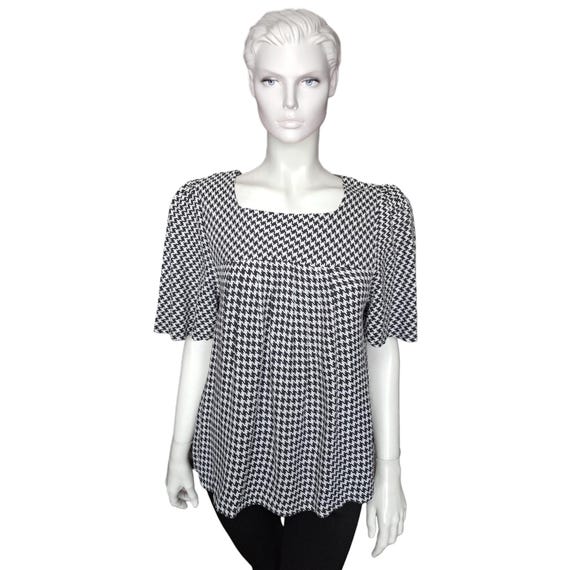 Hardy Amies, 1960s Hardy Amies Houndstooth Blouse Smock Top, Black White Mono Dogtooth Flared Sleeve, Size UK 10-12 - VFG Member