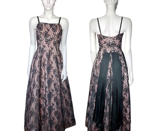 1950s Norman Young Black Lace Evening Gown, Pink Satin Full Skirt Formal Dress UK 10 - VFG Member
