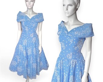 1940s 50s Blue Tea-Length Dress by Peter Robinson - Organdie, Draped Bertha Collar, UK8 - VFG Member