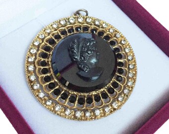 1960s CAPRI Vintage Cameo Pendant, Jet Black Rhinestones Gold Tone Signed - VFG Member