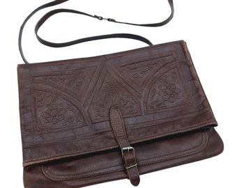 JAMIN PUECH Tooled Leather Shoulder Bag , Brown Foldover Messenger Satchel Strap Vintage 90s French Designer