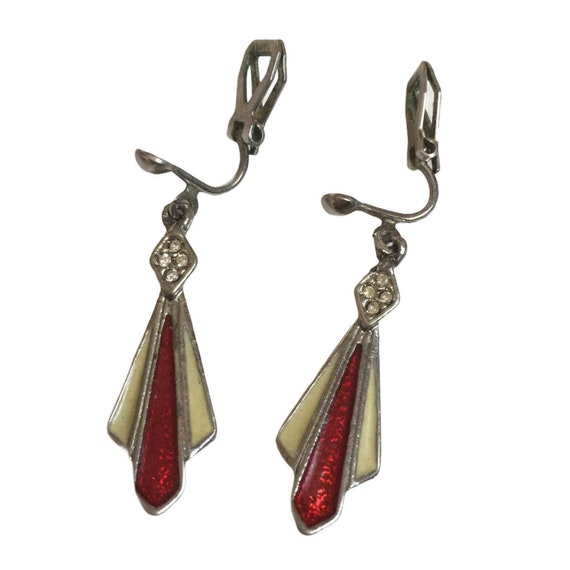 Vintage Art Deco Clip-On Earrings, Red Cream Enam… - image 2