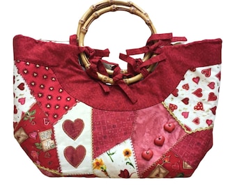 Vintage 00s Y2K Red Patchwork Handbag, Red Hearts Round Bamboo Handles Strawberry Summer Textile Tote Bag Cottagecore VFG