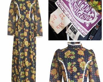 MARION DONALDSON Rare 1960s Maxi Dress, Yellow Orange Floral High Neck Flower Power Hippie, Size Uk 12 *Fits 6/8 VFG