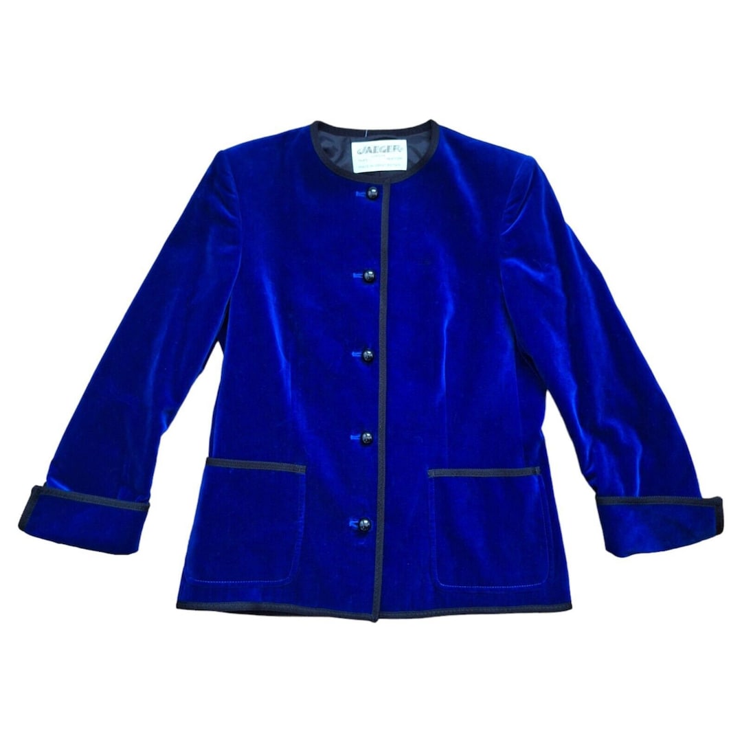 JAEGER Vintage 80s Velvet Jacket, Royal Blue Buttoned Collarless