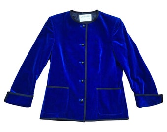 JAEGER Vintage 80s Evening Jacket, Elegant Royal Blue Velvet Collarless Buttoned Pockets Black Trim, Size S 8/10 Formal VFG