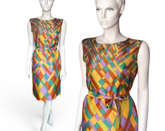 1960s KLM Vintage Op Art Shift Dress, Multicoloured Psychedelic Harlequin Print Fabric Belt, Fit UK12 - VFG Member
