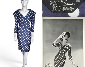 Documented 1960 Blue Silk Wiggle Dress, Polka Dot Notched Cape Collar by Sambo Sofisticates, UK12 - Harper's Bazaar 1960 - VFG Member