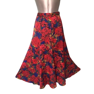 1980s WINDSMOOR Flared Maxi Skirt, Red Blue Yellow Bold Floral Print 33&quot; Long Silky-Feel Vintage, UK 10 *Fits 8 VFG