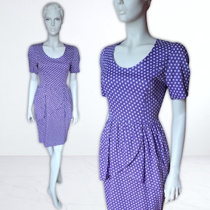 GUY LAROCHE Paris Vintage 80s Dress, Purple White Polka Dot Peplum Tailored Boutique Label, Size S UK8 VFG