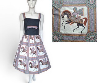 1950s Persian Novelty Print Cotton Dress, Mughal Style Horse Rider Fit & Flare (UK 12) - VFG Member