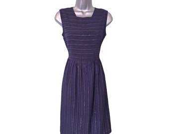 LUIS ESTEVEZ Vintage 80s Dress, Elegant Navy Blue Any Occasion Jacquard Floral/Wavy Gold Stripe Sleeveless, Size S UK10 VFG