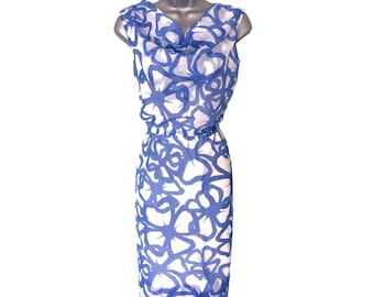 DORVILLE Vintage 60s Wiggle Dress, Blue White Cowl Neck Sleeveless, Label Size 10 *Fits UK 6/8, VFG