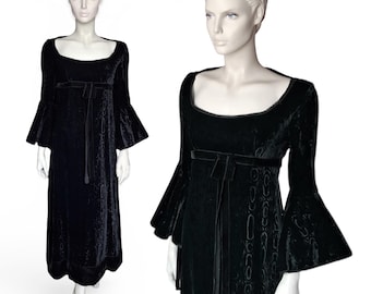 1960s Sambo Black Velvet Maxi Dress, Flared Bell Sleeves Samuel Sherman, Size S UK 8 - VFG Member