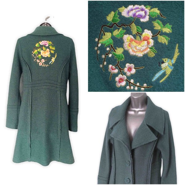 Retro 1930s 40s Style Princess Coat, Green Wide Collar Boiled Wool Embroidered Bird Floral Vintage 00s, Size S