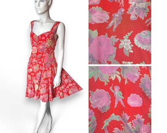 1980s KRIZIA Red Silk Dress, Rococo Victoriana Decoupage Inspired Novelty Print Sash (UK 12-14) - VFG Member