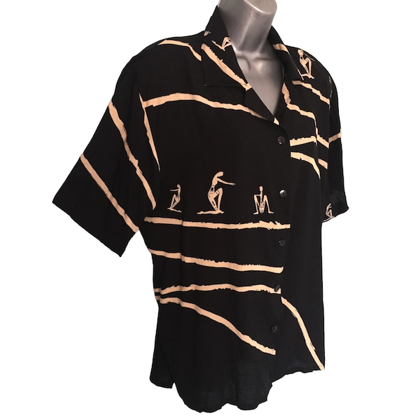 Funky Vintage 80s Blouse Shirt Top NU-LOOK, Black Short Sleeve Unusual Tribal African Figures, Oversized, Unisex Size L/XL, UK14-20