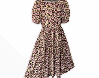 LAURA ASHLEY Vintage 80s Midi Dress, Black Pink/Yellow Floral Short Puff Sleeve Prairie,  Size 10 *Fits Uk 6/8