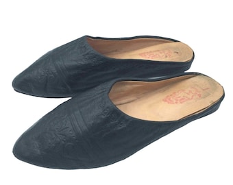 Handmade Moroccan Babouche Slippers Shoes Black Leather Etched Tooled Slip-On Mules, Size UK 7-7.5 VFG