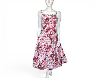 1950s Doreé Leventhal Vintage Fit & Flare Dress, Pink Red Floral Pleated Bodice Cotton, UK 6/8 — VFG Member