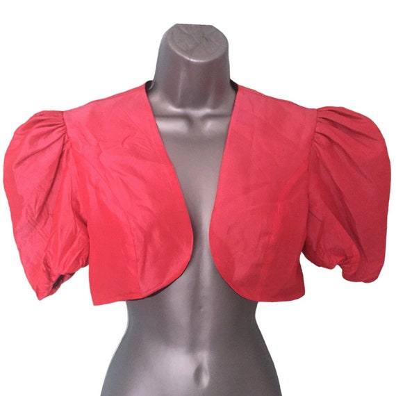 QUORUM Vintage 80s Bolero Jacket, Red Taffeta Ruc… - image 3