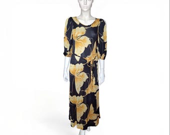 1970s Mac Tac Paris Vintage Maxi Dress, Yellow Butterfly Print Hostess Tie-Belt - VFG Member