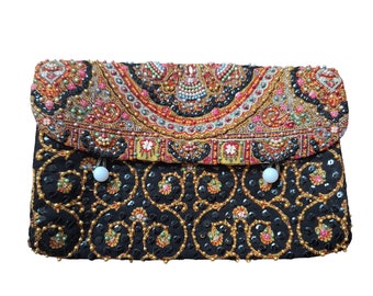 1950s ODETTE Vintage Evening Clutch Bag, Beaded Embellished Hand-Embroidered Mallorcan Paisley Shawl, 7.5"x5.5" - VFG Member