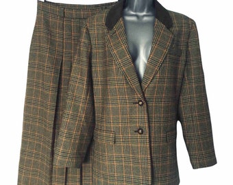 Vintage 80s Irish Tweed Skirt Suit, Beige Green Dogtooth Check Wool Long Pleated Maxi Retro 40s, Size M VFG