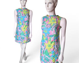 1960s Psychedelic Floral Mod Dress, Sleeveless Shift, Marek New York
