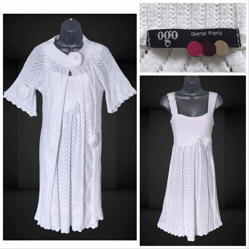 Retro 70s White Crochet Knit Outfit, Chic 2 Piece Parisian Boho Strappy Dress & Coatigan by OGO Geral Paris, Size S/M VFG afbeelding 1