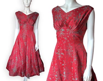 1950s Red Jacquard Evening Dress, Vintage Green Foliage Tiered Gown by Ricci Michaels, Mayfair (UK 10) - VFG Member