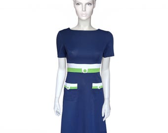 1960s Vintage Blue A-Line Mod Dress by Mary Harnes, Lime Green & White Striped Pockets, *Fit UK8/10 - VFG Member