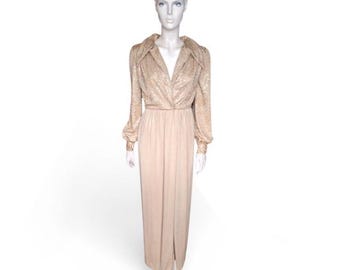 1970s Roger Milot for Fred Perlberg Maxi Dress, Champagne Gold Sequinned Vintage, Size UK10 - VFG Member