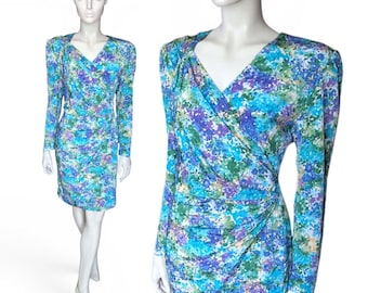Hanae Mori Boutique Dress, Blue Purple Floral Asymmetric Ruched Waist, UK 10 - VFG Member
