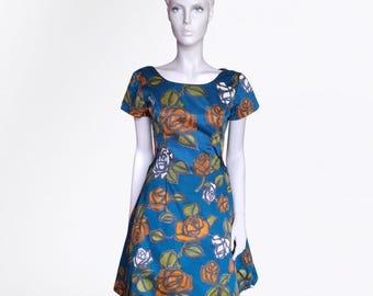 1960s Paul Jonas Blue Floral Mod Dress, Orange-White Rose Print A-Line Shift (UK 10-12) - VFG Member