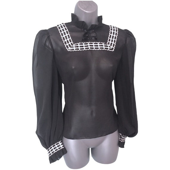 JANET COLTON Vintage 50s Blouse Top, Black Sheer … - image 3