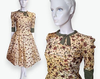 1950s 1960s Silk Fit & Flare Dress, Vintage Yellow Brown Floral Pleated Prom Wedding Guest, Size UK 8-10 - VFG Member