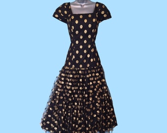 70s Handpainted Long Dress Ballgown, Rare Vintage Trudie McCarthy Black Gold Spotted, Size XS/S, UK6/8 VFG Prom Cruise Party