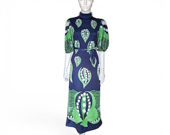 1970s Travona Navy Hostess Maxi Dress, White Green Lily of the Valley Print, UK12-14 (M) — VFG Member